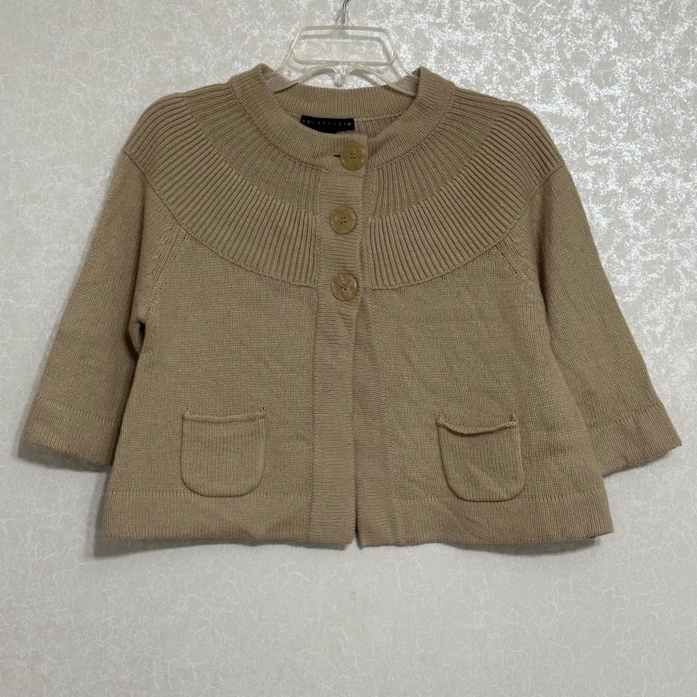 Apostrophe Wool Blend Button Front Cropped Cardigan Sweater 3/4 Sleeves Tan M